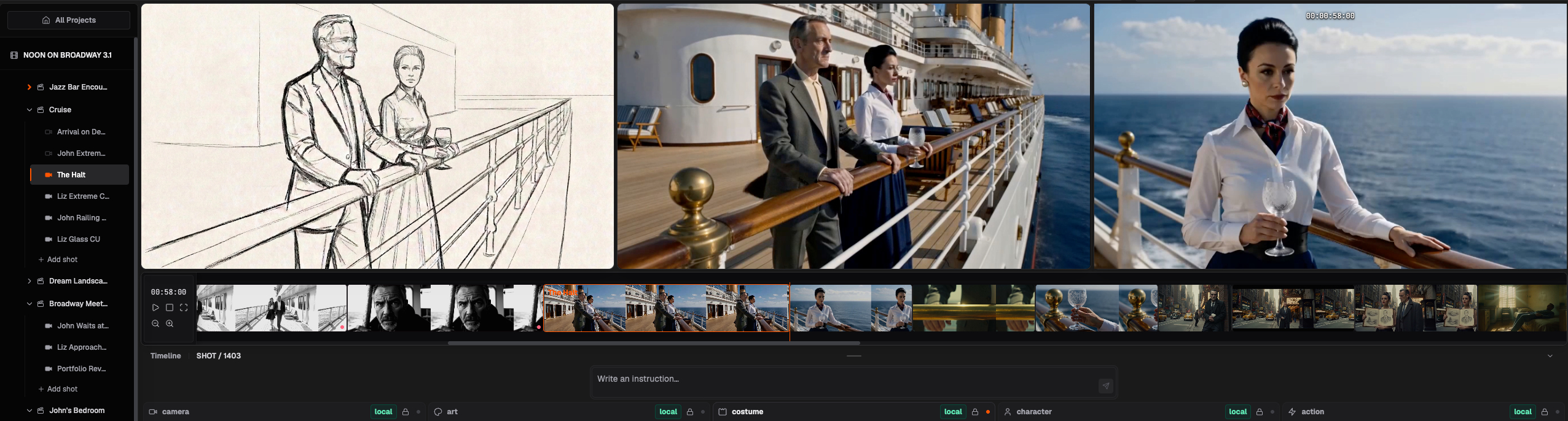 Shotro workspace showing a cruise scene with a storyboard, generated shots, a connected scene tree, timeline, and AI department controls.