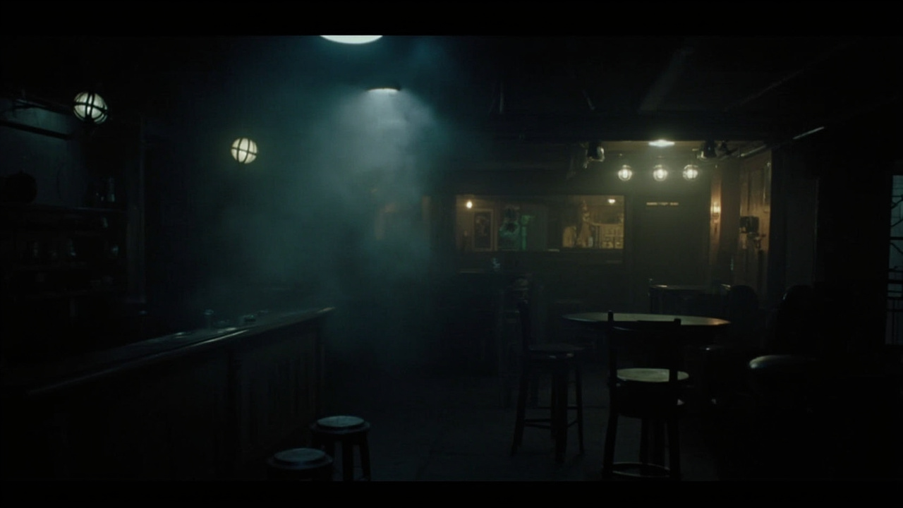 Atmospheric jazz bar with cool overhead light, smoky shadows, and warm lamps above the bar.